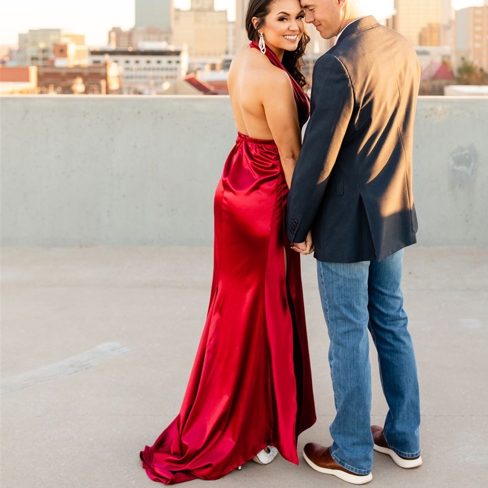Floor length red halter party formal dress slit